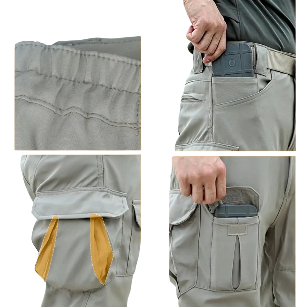 Gray tactical cargo pants for men with reinforced stitching and tan utility pockets made of durable hiking material