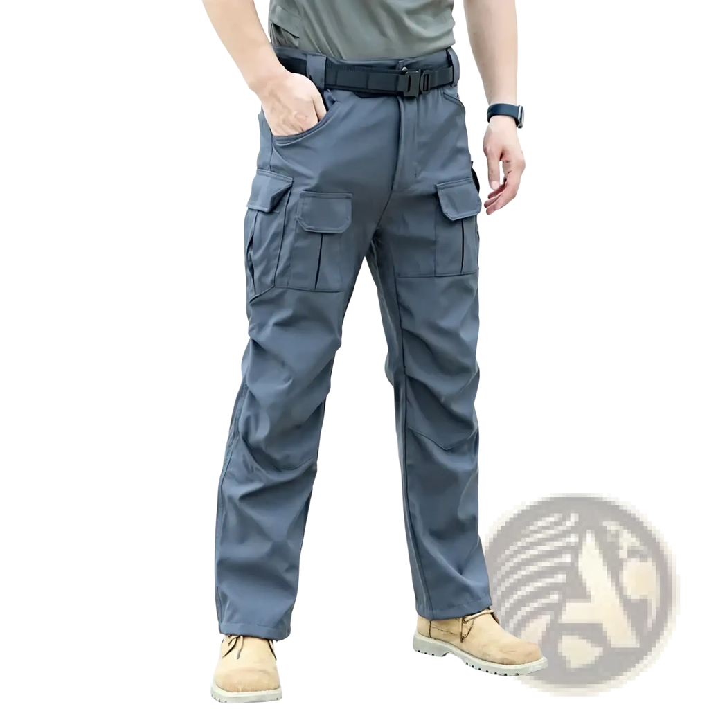 Dark gray durable tactical cargo pants for men with multiple pockets and a sturdy belt ideal for hiking