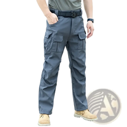 Dark gray durable tactical cargo pants for men with multiple pockets and a sturdy belt ideal for hiking