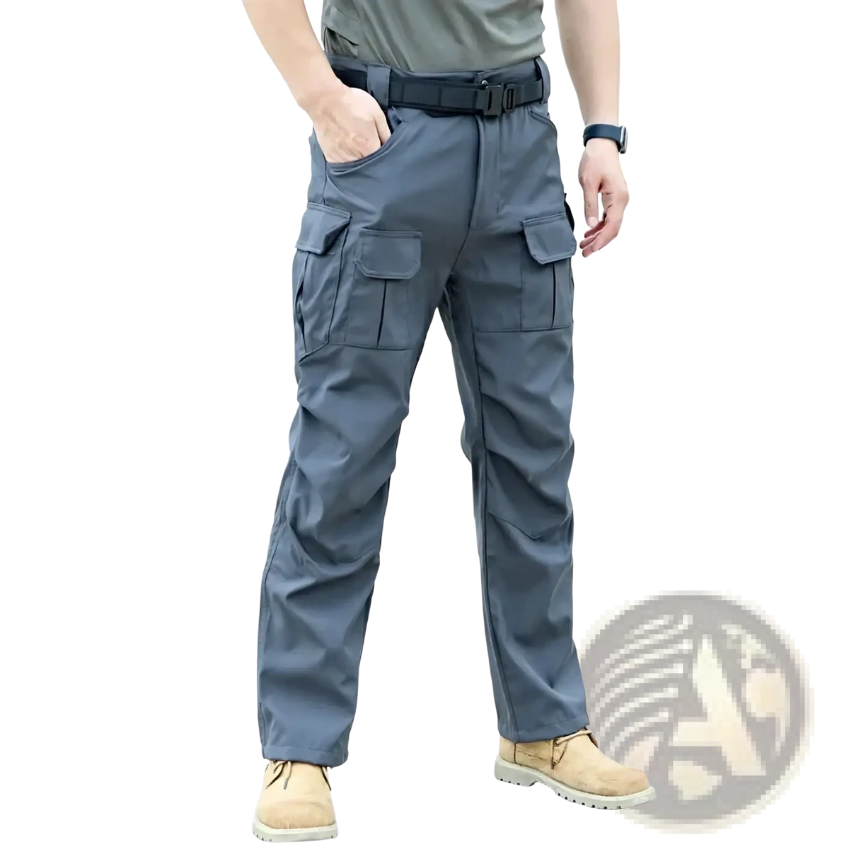Dark gray durable tactical cargo pants for men with multiple pockets and a sturdy belt ideal for hiking