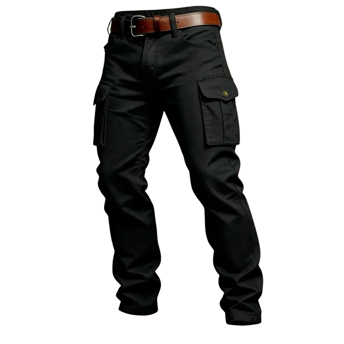 Black tactical cargo pants for men with multiple pockets paired with a brown leather belt for outdoor use