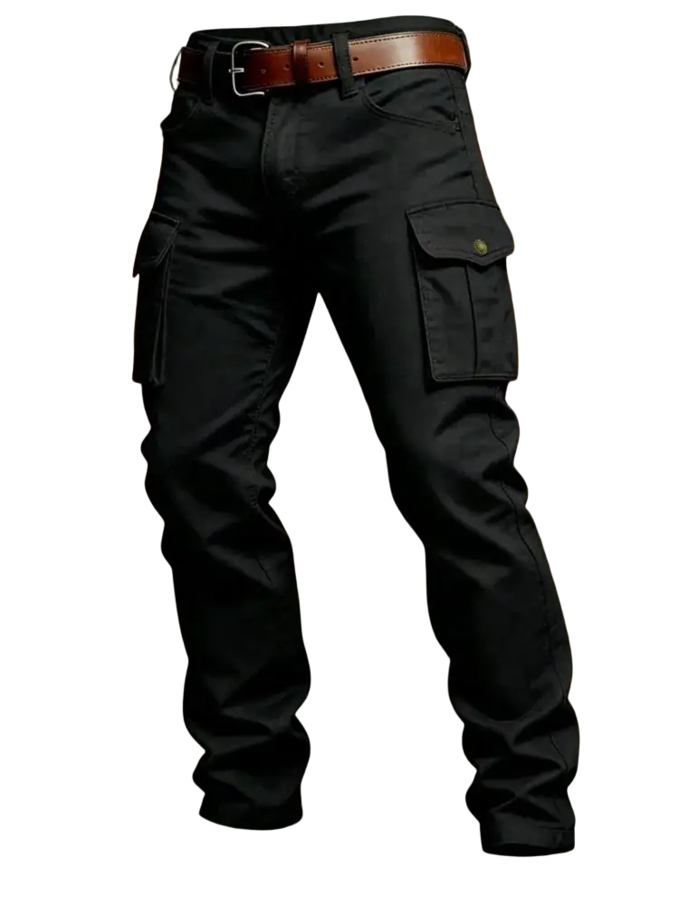 Black tactical cargo pants men with multiple pockets and a brown leather belt for outdoor use