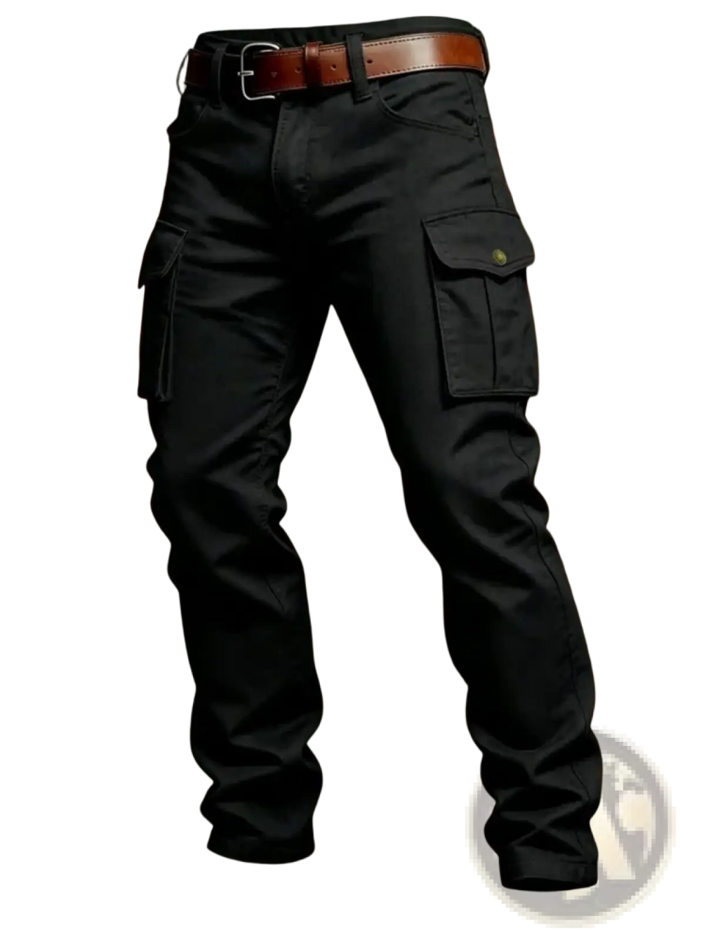 Black tactical cargo pants men with multiple pockets and a brown leather belt designed for outdoor use