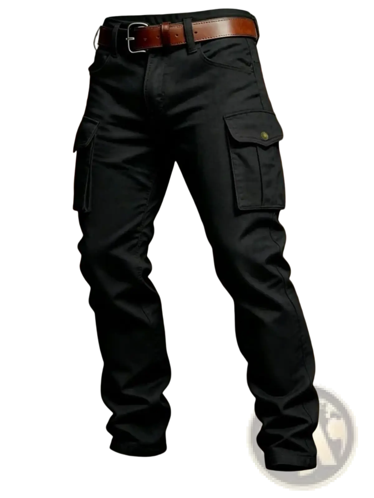 Black tactical cargo pants men with multiple pockets and a brown leather belt designed for outdoor use