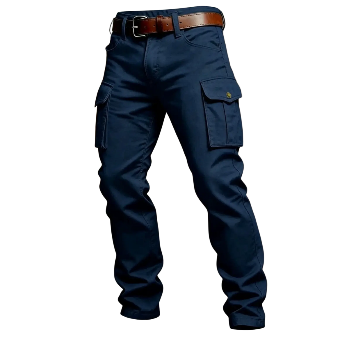 Dark blue tactical cargo pants with multiple pockets and brown leather belt for outdoor use