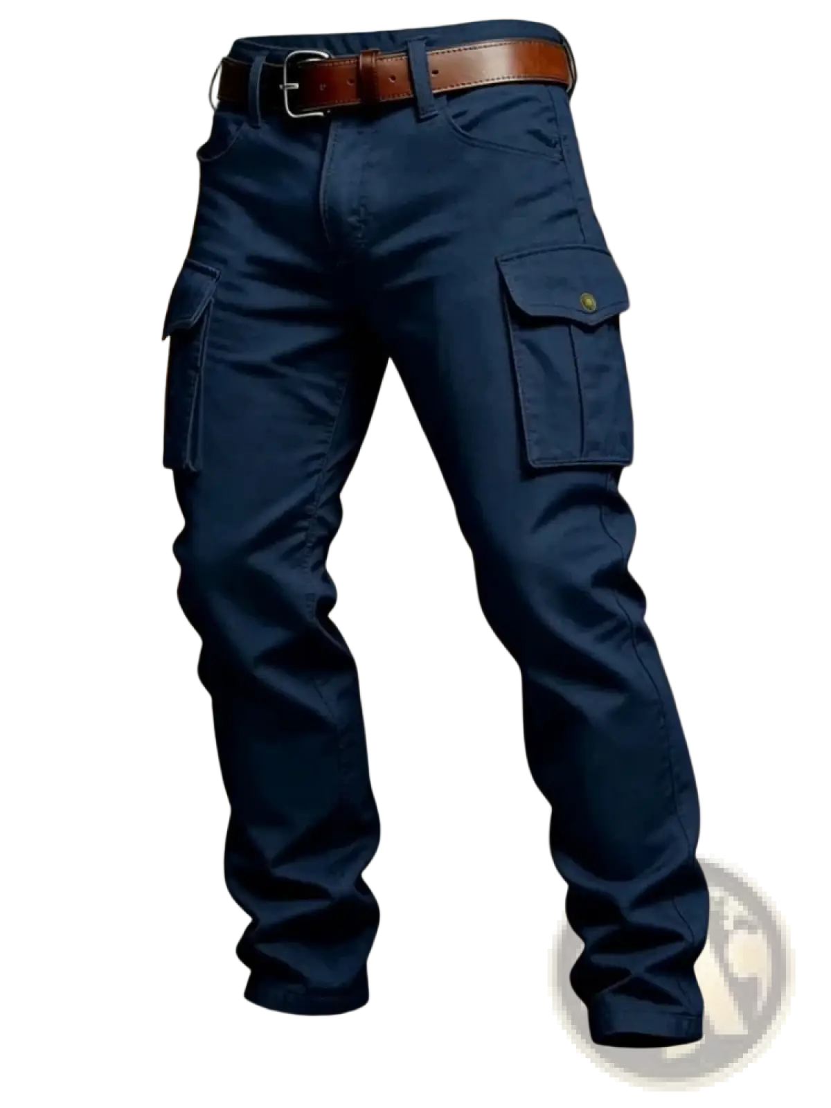 Dark navy blue tactical cargo pants for men with multiple pockets and a brown leather belt for outdoor use