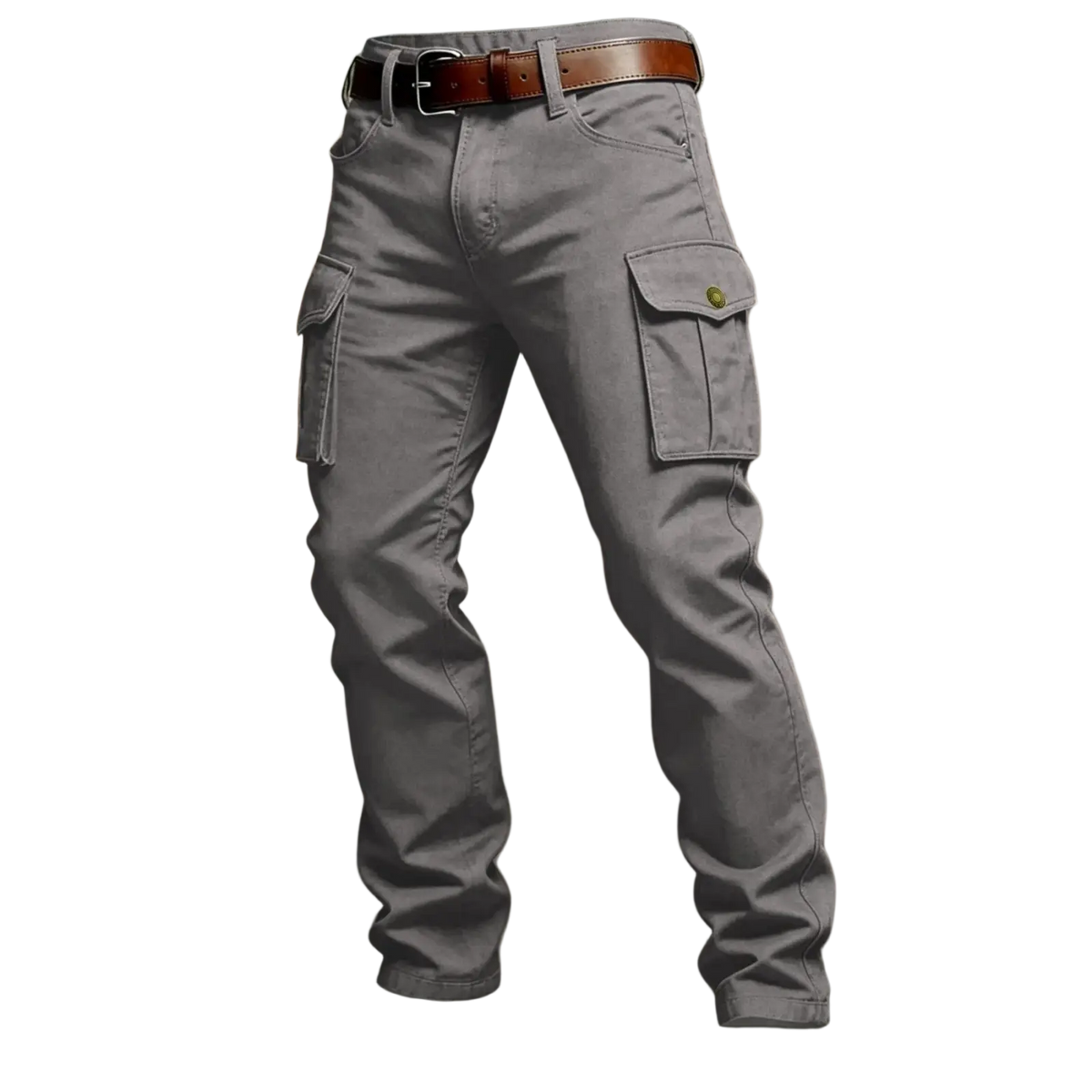 Gray tactical cargo pants for men featuring multiple pockets and a brown leather belt for outdoor use