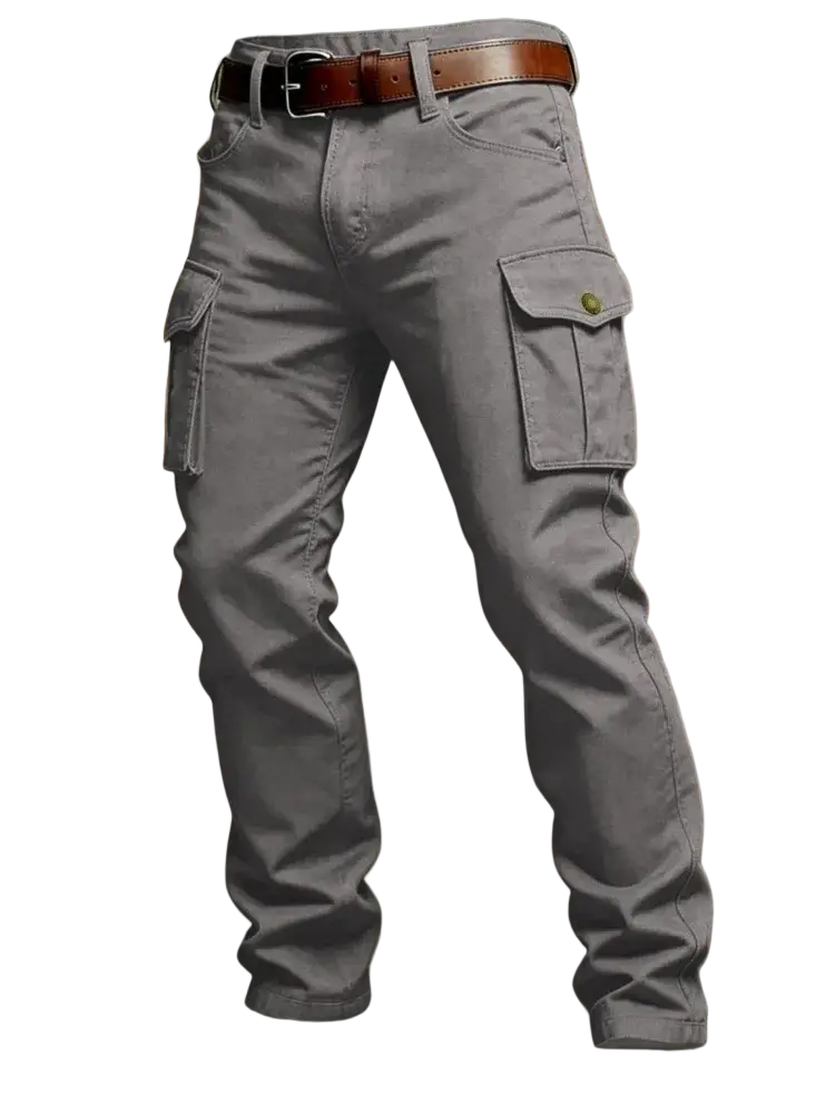 Gray tactical cargo pants for men with multiple pockets and a brown leather belt designed for outdoor use