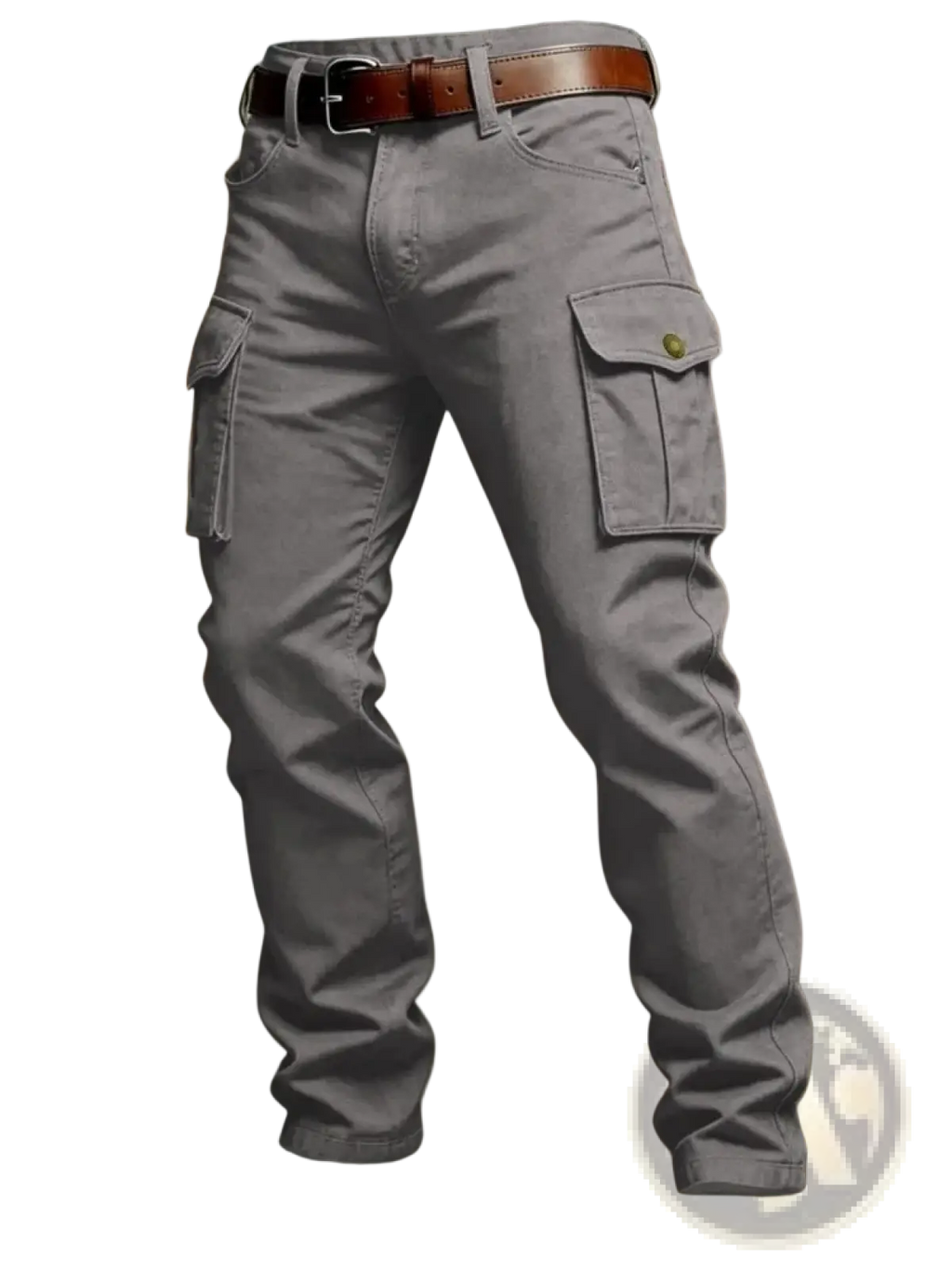 Gray tactical cargo pants for men with multiple pockets and a brown leather belt designed for outdoor use