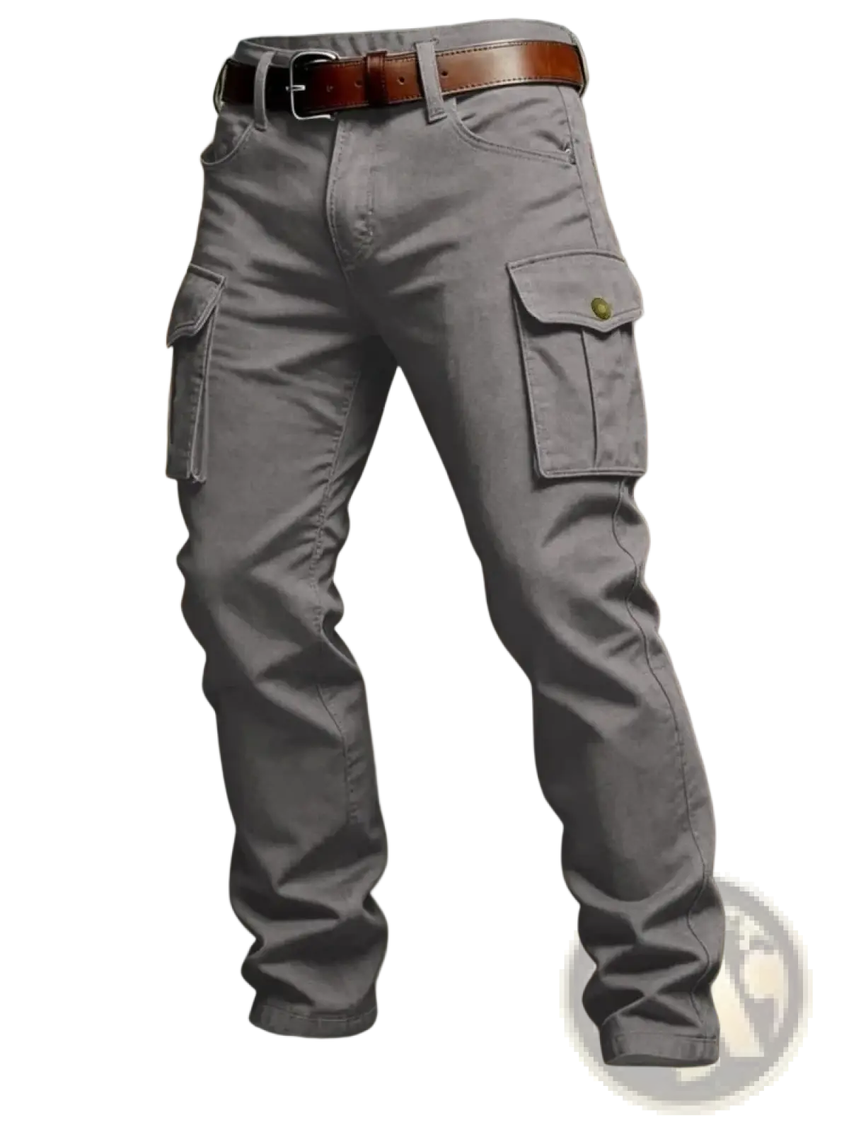 Gray tactical cargo pants for men with multiple pockets and a brown leather belt designed for outdoor use