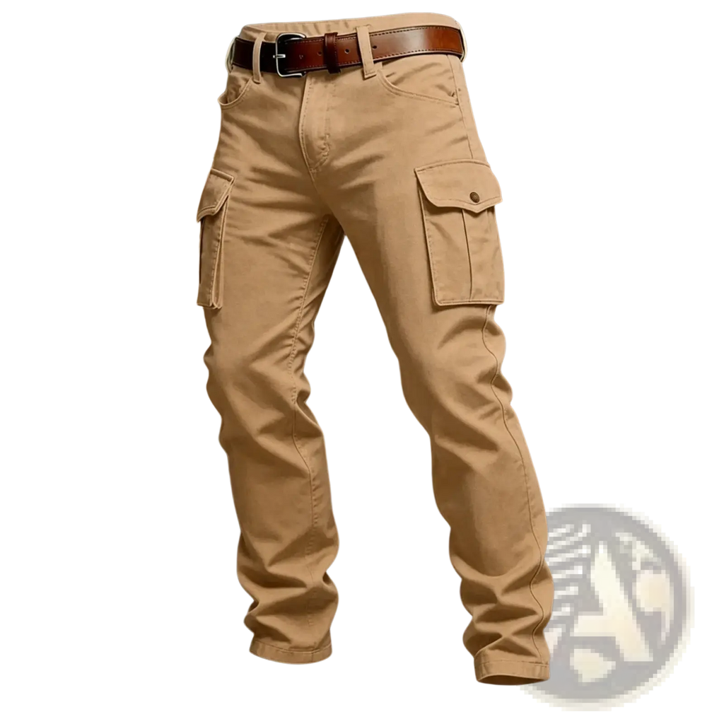 Tan tactical cargo pants with large flap pockets and a brown leather belt for outdoor use