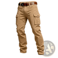 Tan tactical cargo pants with large flap pockets and a brown leather belt for outdoor use