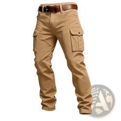 Tan tactical cargo pants with large flap pockets and a brown leather belt for outdoor use