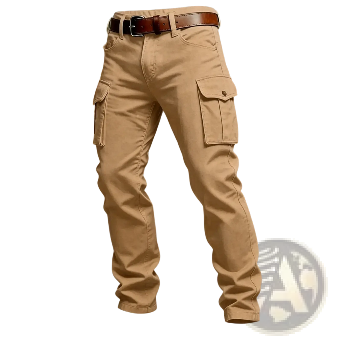 Tan tactical cargo pants with large flap pockets and a brown leather belt for outdoor use