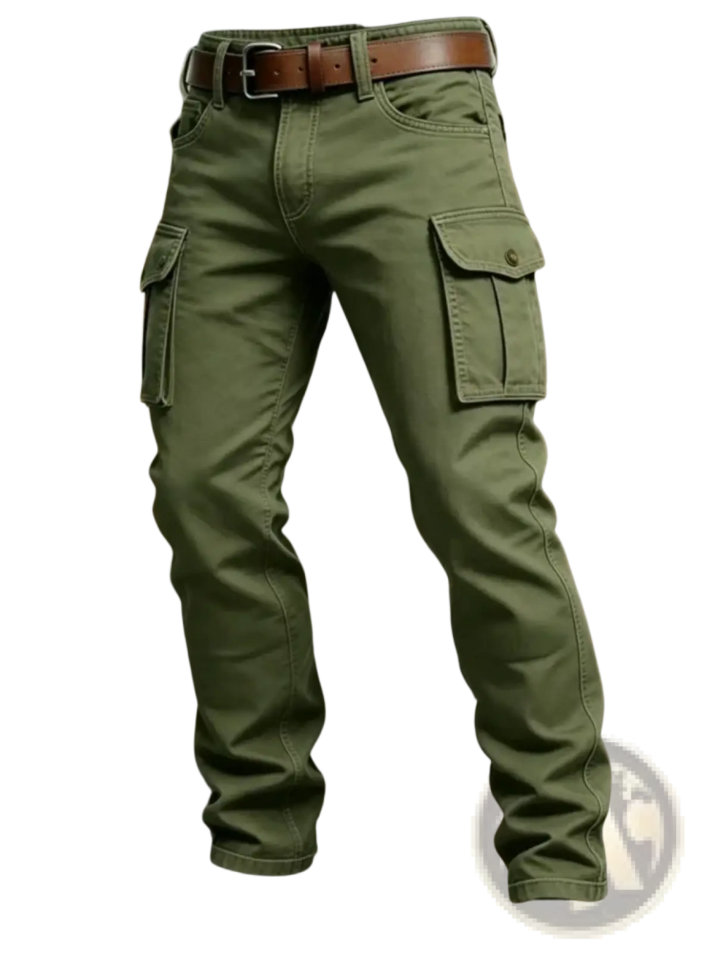Olive green tactical cargo pants for men with multiple pockets and a brown leather belt designed for outdoor use