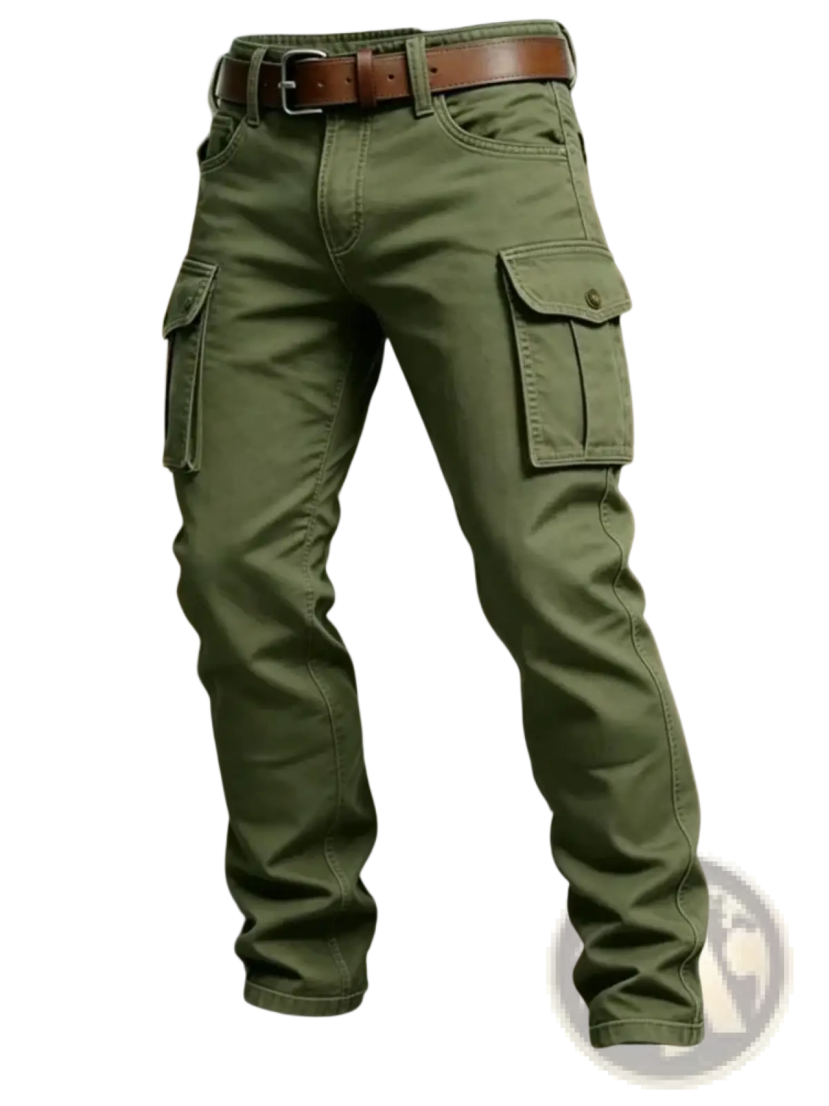 Olive green tactical cargo pants for men with multiple pockets and a brown leather belt designed for outdoor use