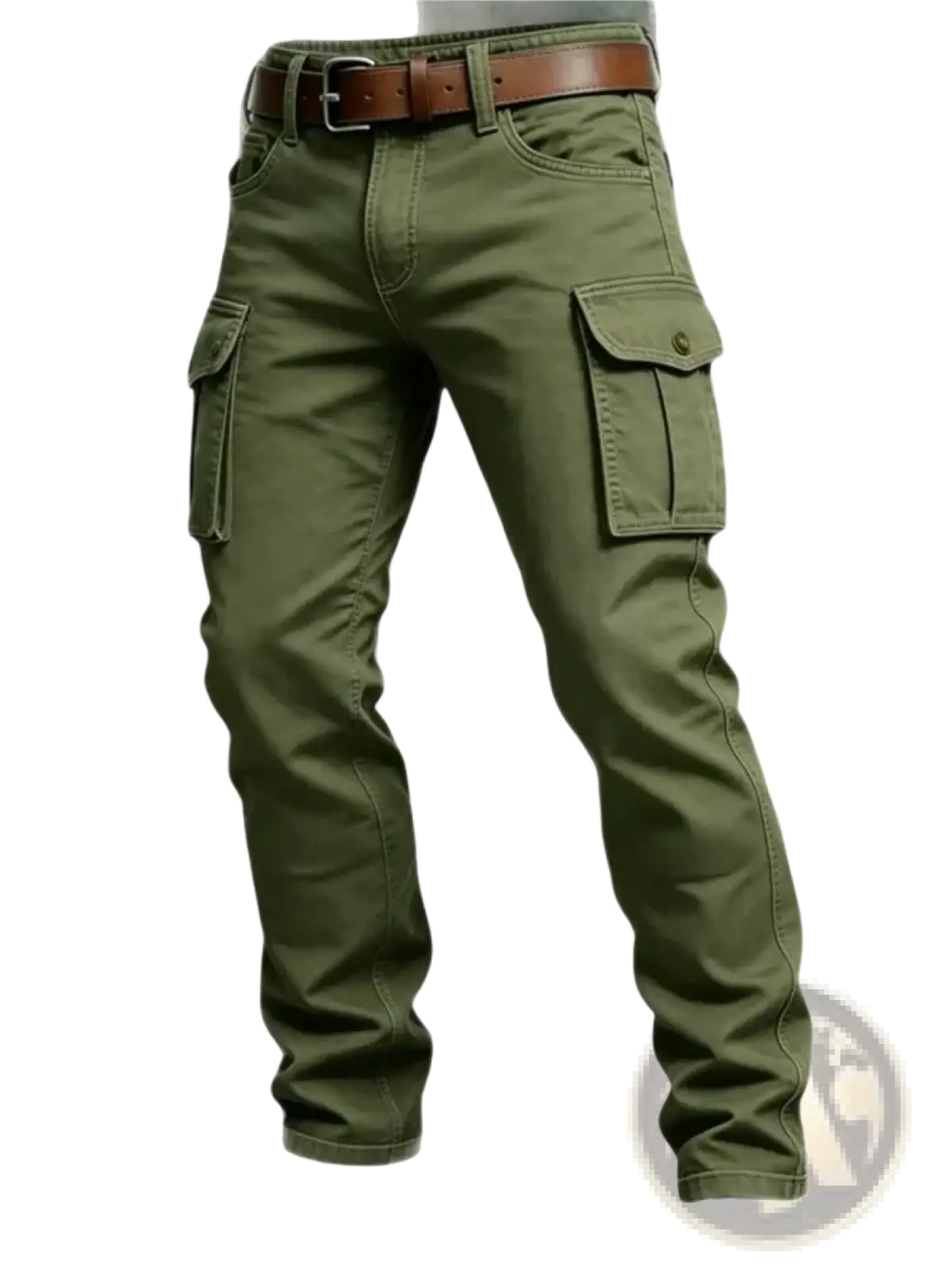 Olive green tactical cargo pants for men with multiple pockets and a brown leather belt for outdoor use