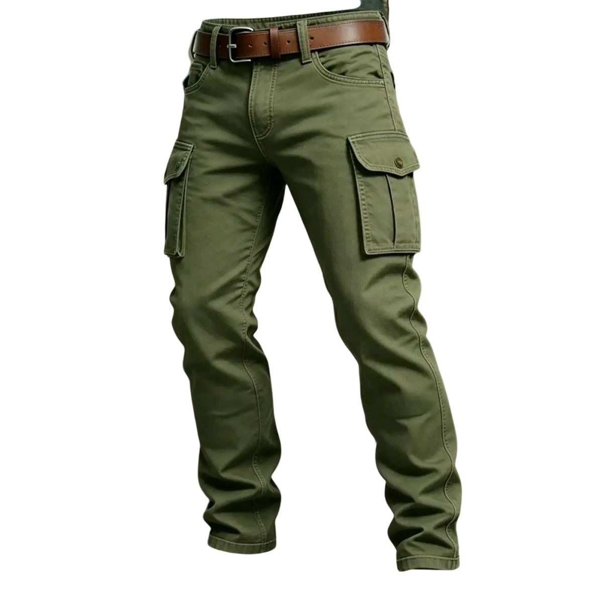 Olive green tactical cargo pants for men featuring multiple pockets and a brown leather belt for outdoor use