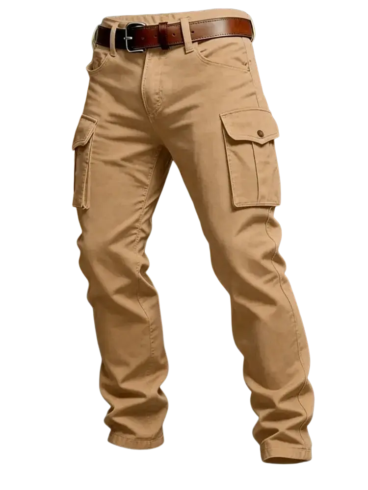 Tan tactical cargo pants for men with multiple pockets and a brown leather belt ideal for outdoor use