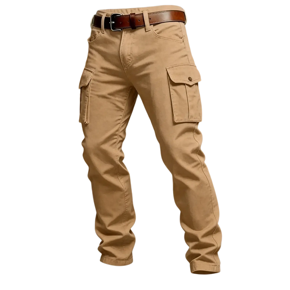 Tan tactical cargo pants with large flap pockets and a brown leather belt for outdoor use