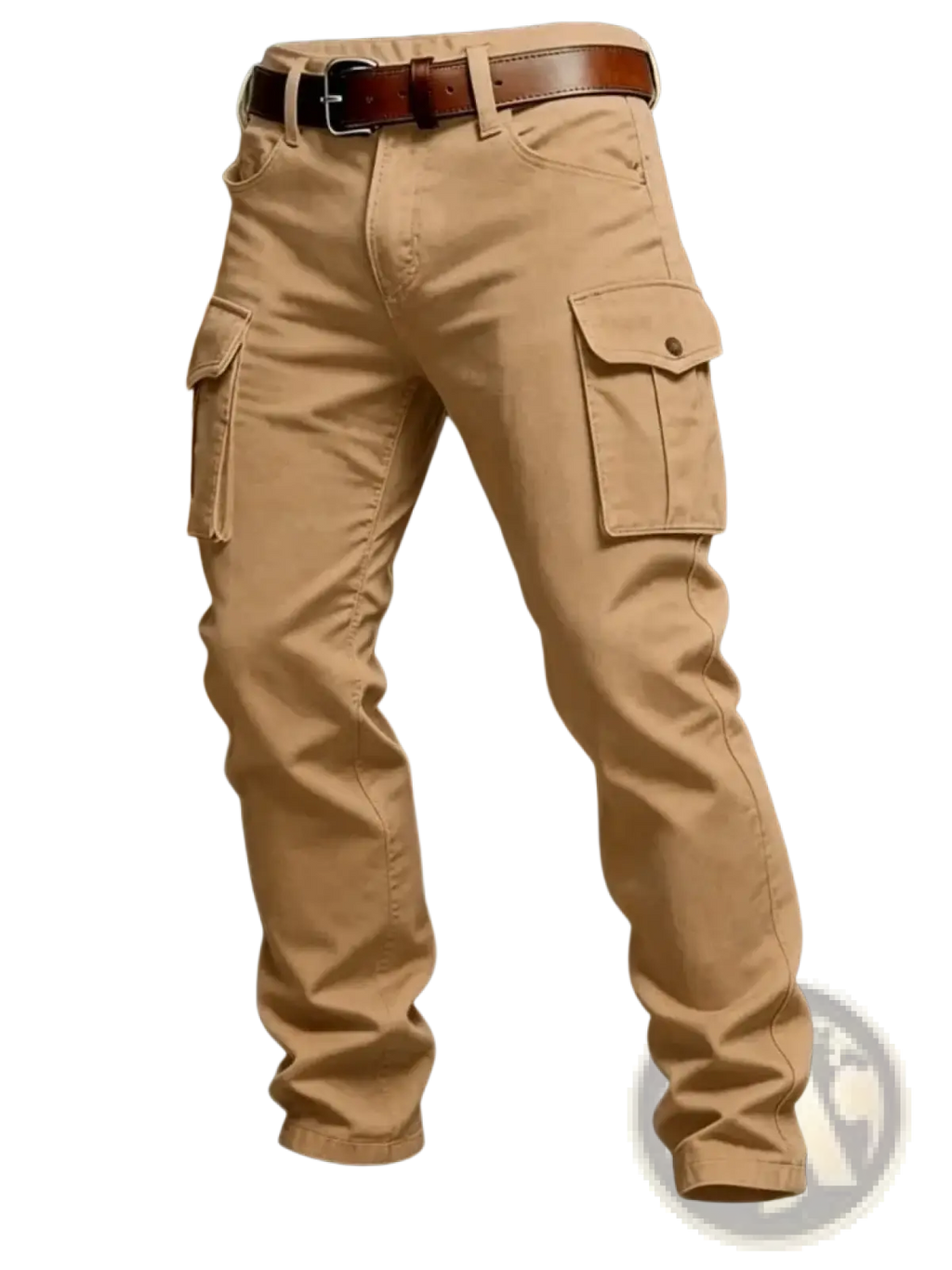 Tan tactical cargo pants for men with multiple pockets and a brown leather belt for outdoor use