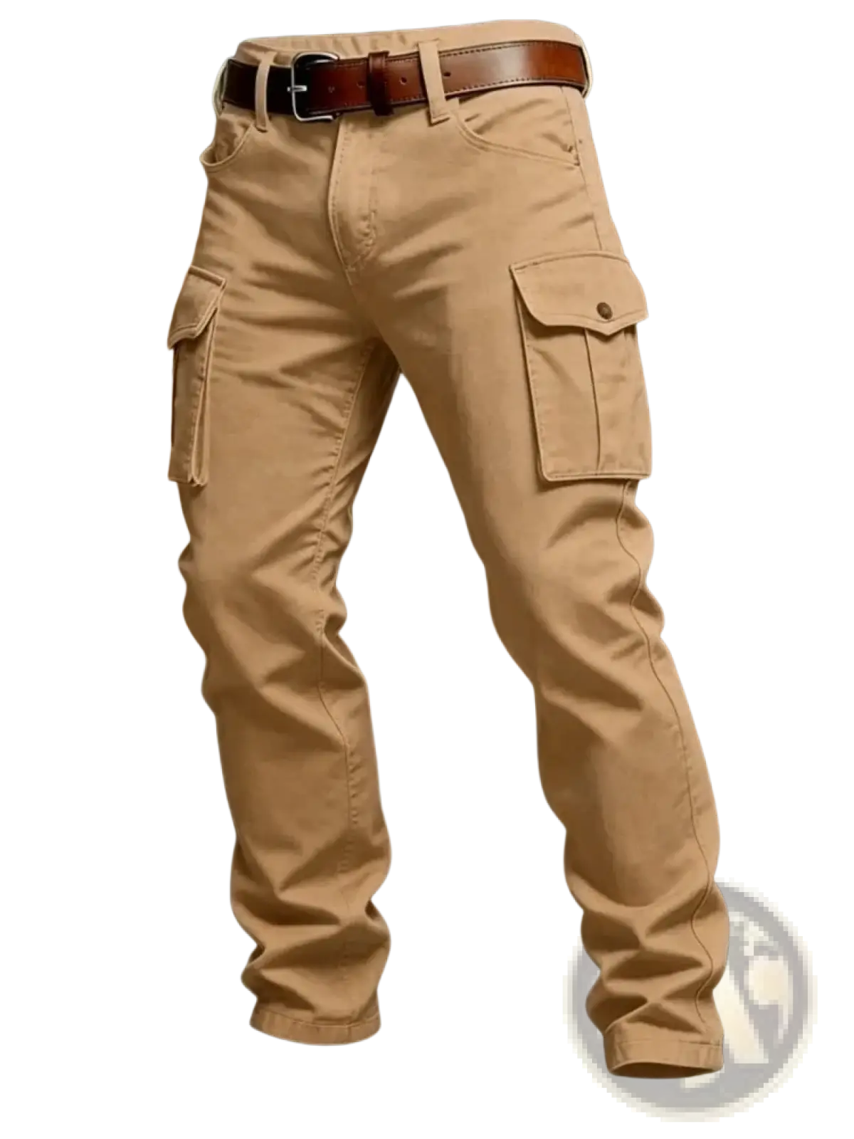 Tan tactical cargo pants for men with multiple pockets and a brown leather belt for outdoor use