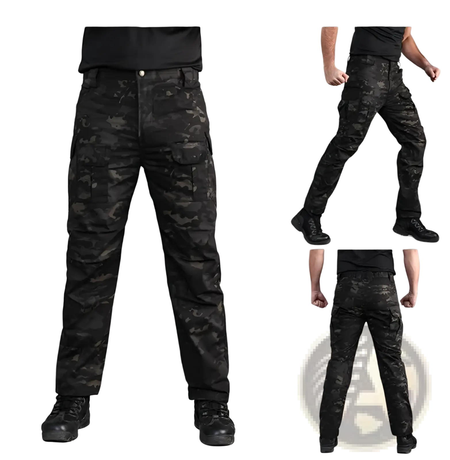 Black and dark gray digital camouflage tactical cargo pants with multiple pockets for versatile outdoor use