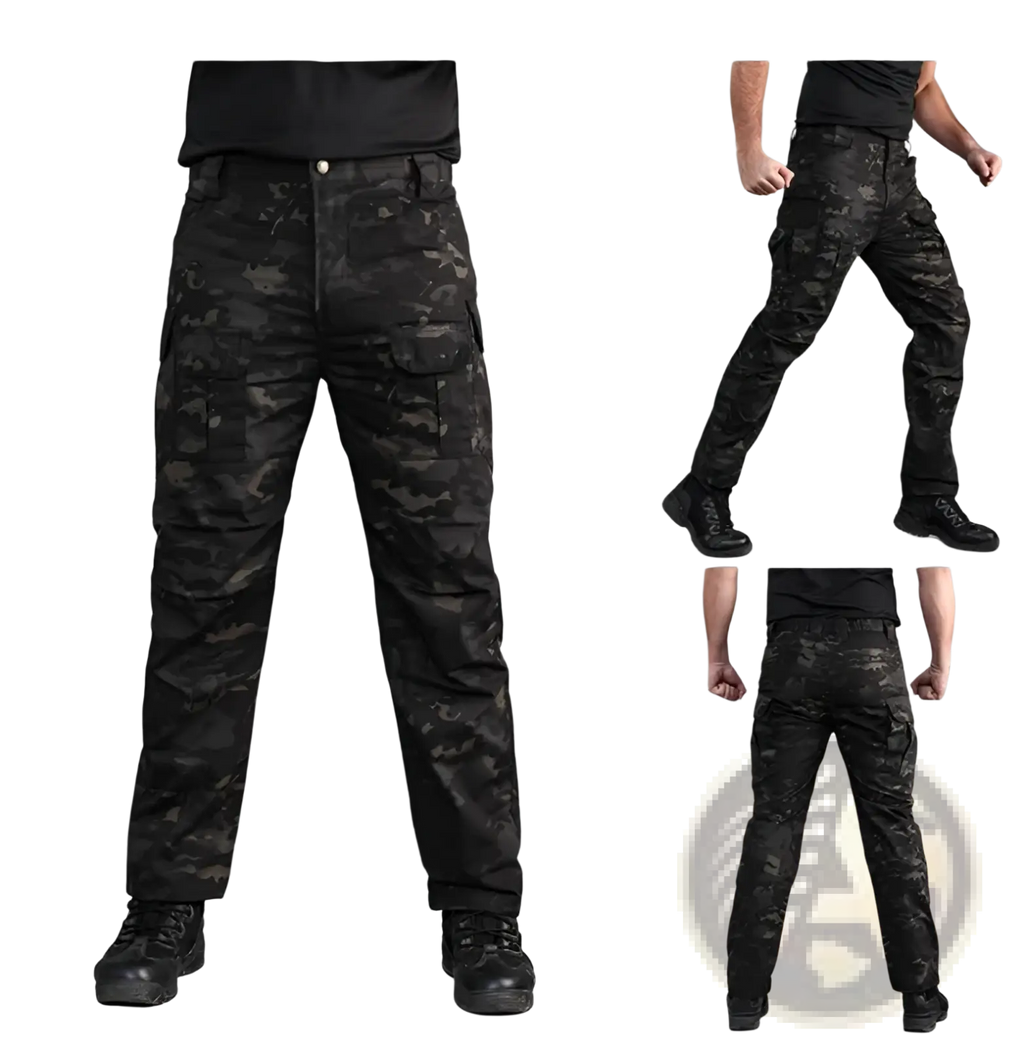 Black and dark gray digital camouflage tactical cargo pants with multiple pockets for versatile outdoor use