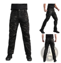 Black and dark gray digital camouflage tactical cargo pants with multiple pockets for versatile outdoor use