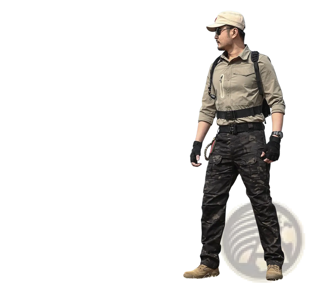 Beige tactical cap with structured brim and adjustable strap paired with multi pocket camouflage cargo pants