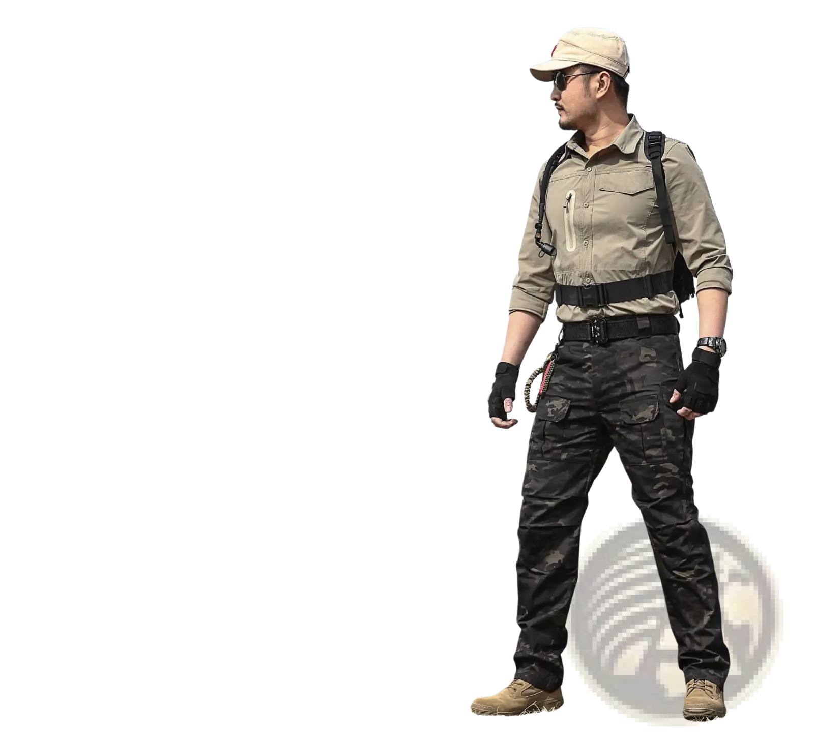 Beige tactical cap with structured brim and adjustable strap paired with multi pocket camouflage cargo pants