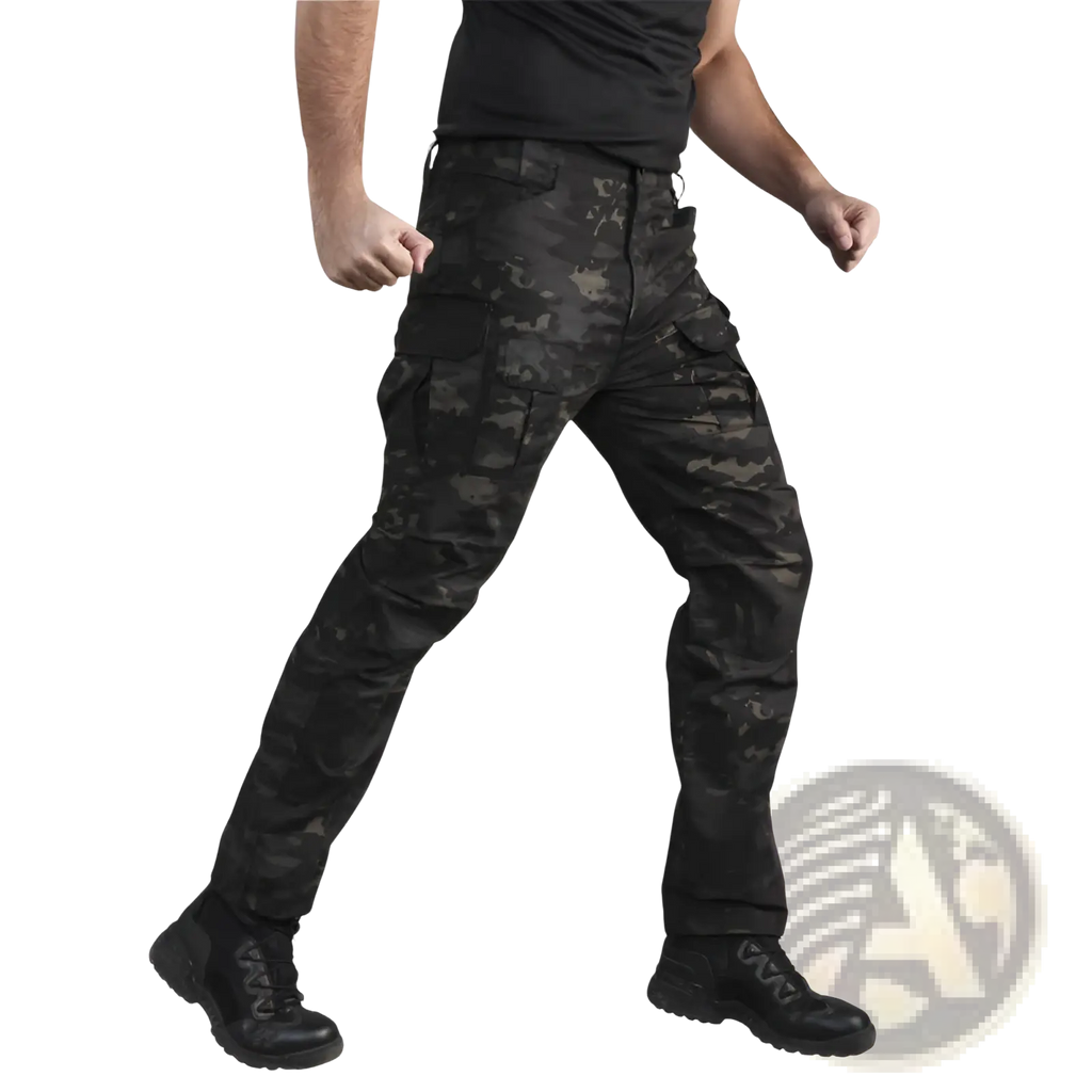 Black and dark gray digital camouflage tactical cargo pants with multiple pockets for versatile outdoor use
