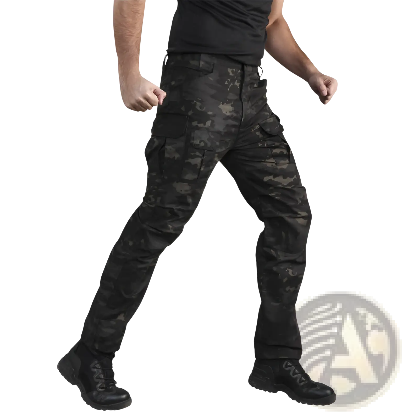 Black and dark gray digital camouflage tactical cargo pants with multiple pockets for versatile outdoor use