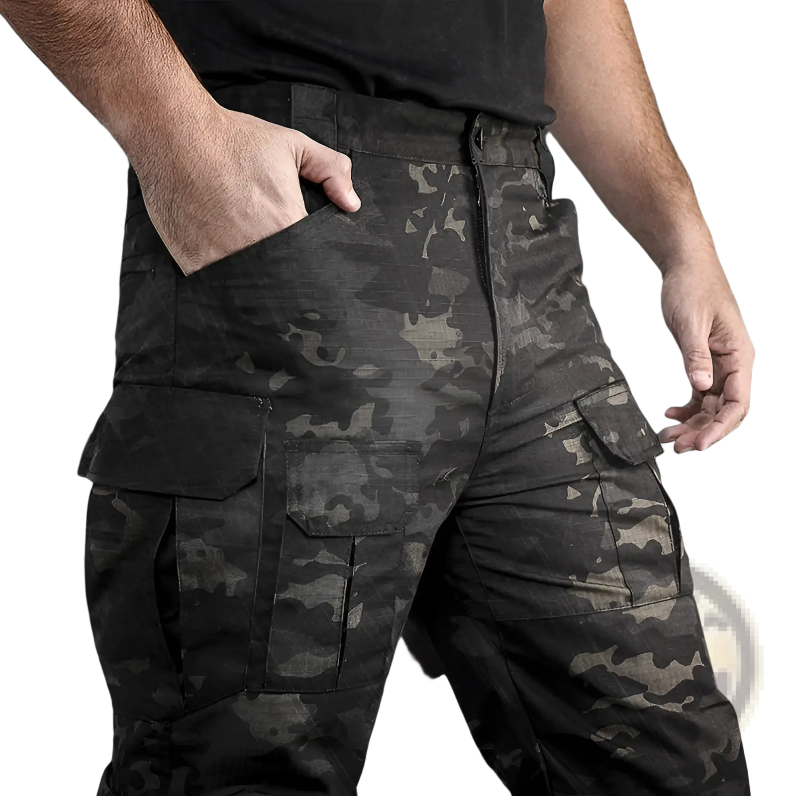 Dark gray and black camouflage tactical cargo pants featuring multiple pockets for versatile outdoor use