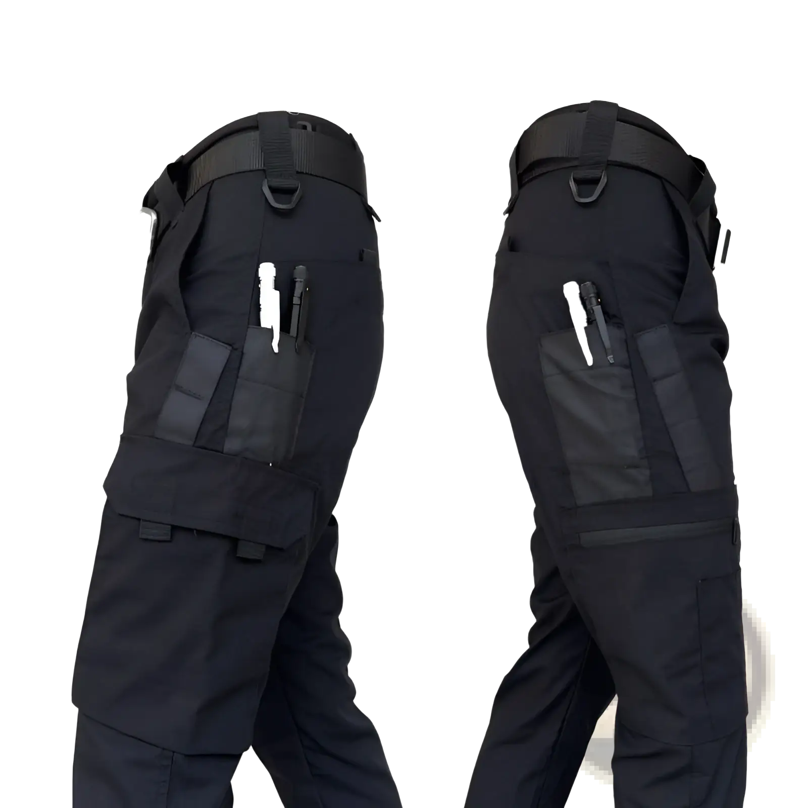 Black tactical cargo pants for men featuring multiple utility pockets and durable fabric designed for summer use