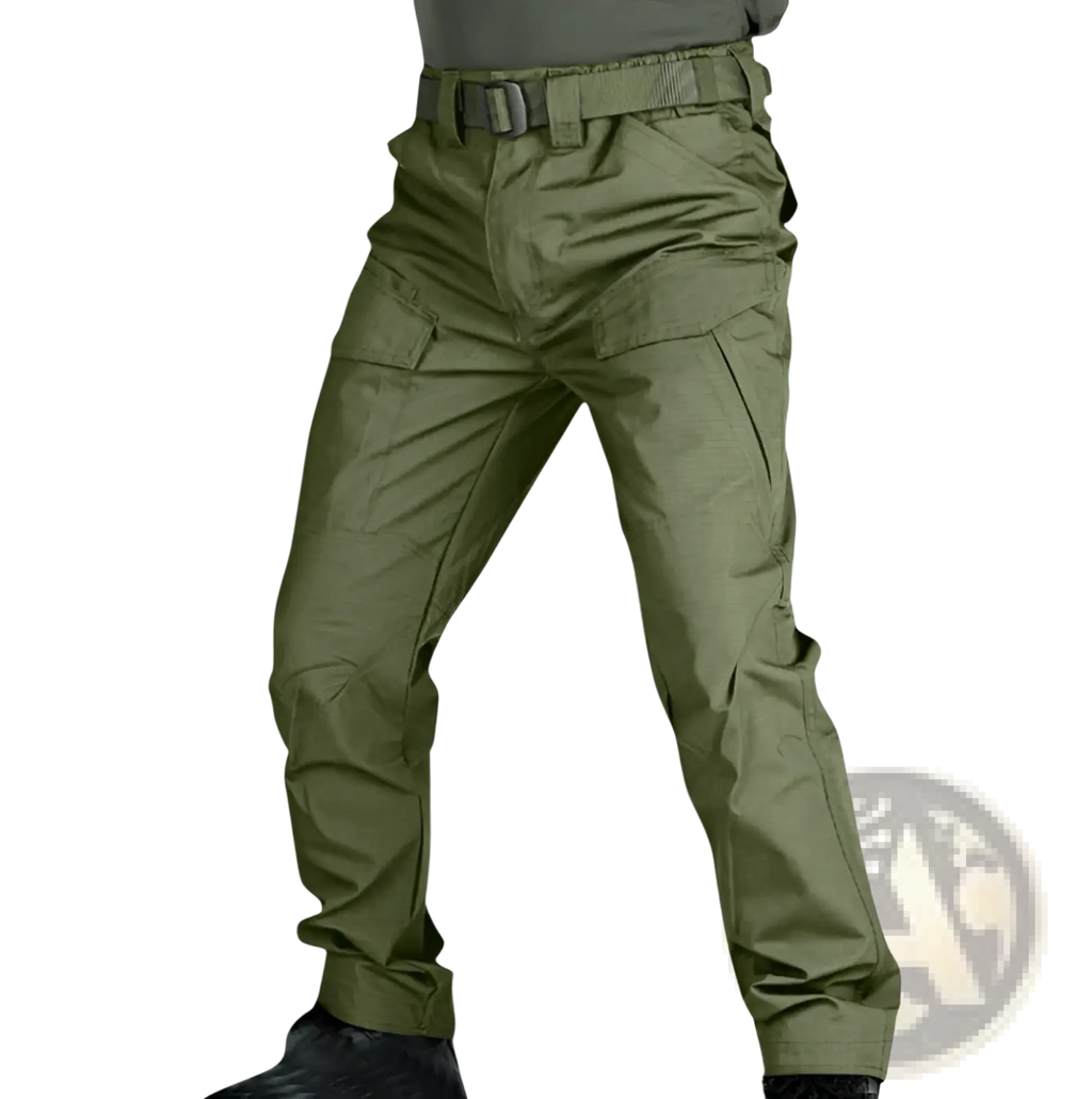 Olive green tactical cargo pants with multiple pockets and reinforced belt loops designed as waterproof work trousers