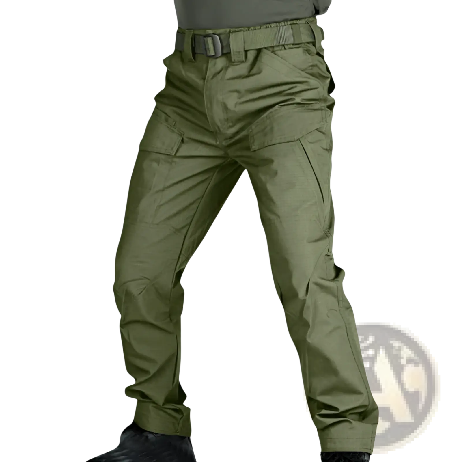 Olive green tactical cargo pants with multiple pockets and reinforced belt loops designed as waterproof work trousers