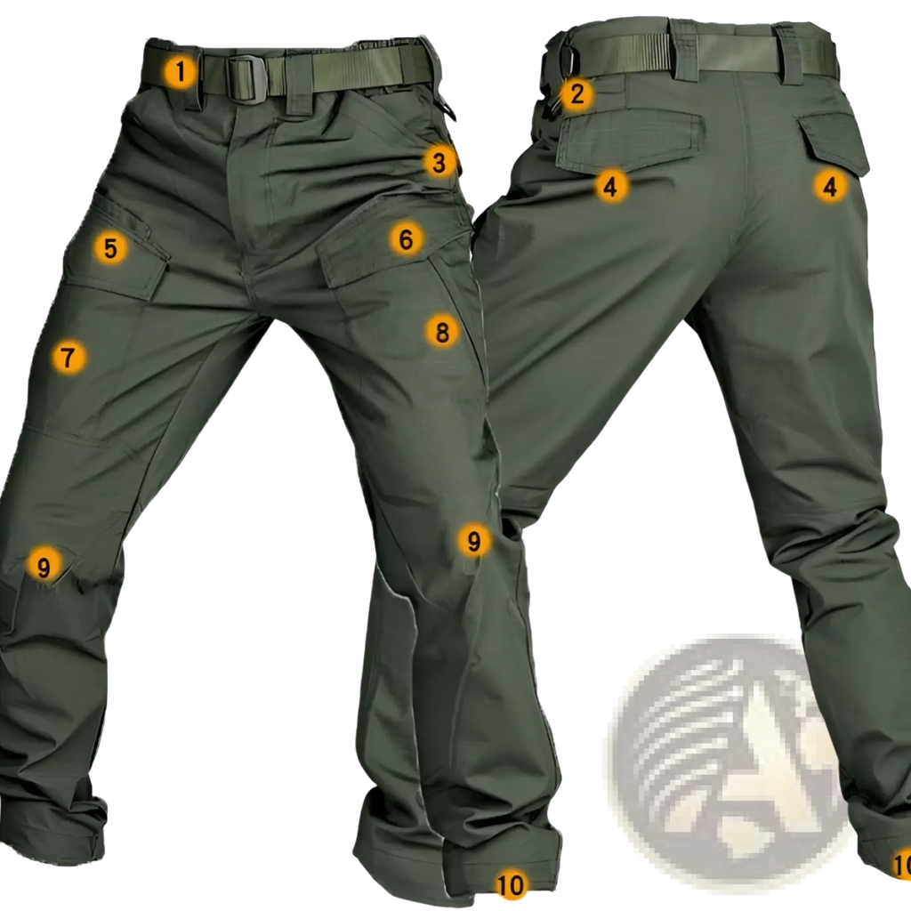 Dark olive green tactical cargo pants with multiple pockets and durable rugged waterproof design for work use