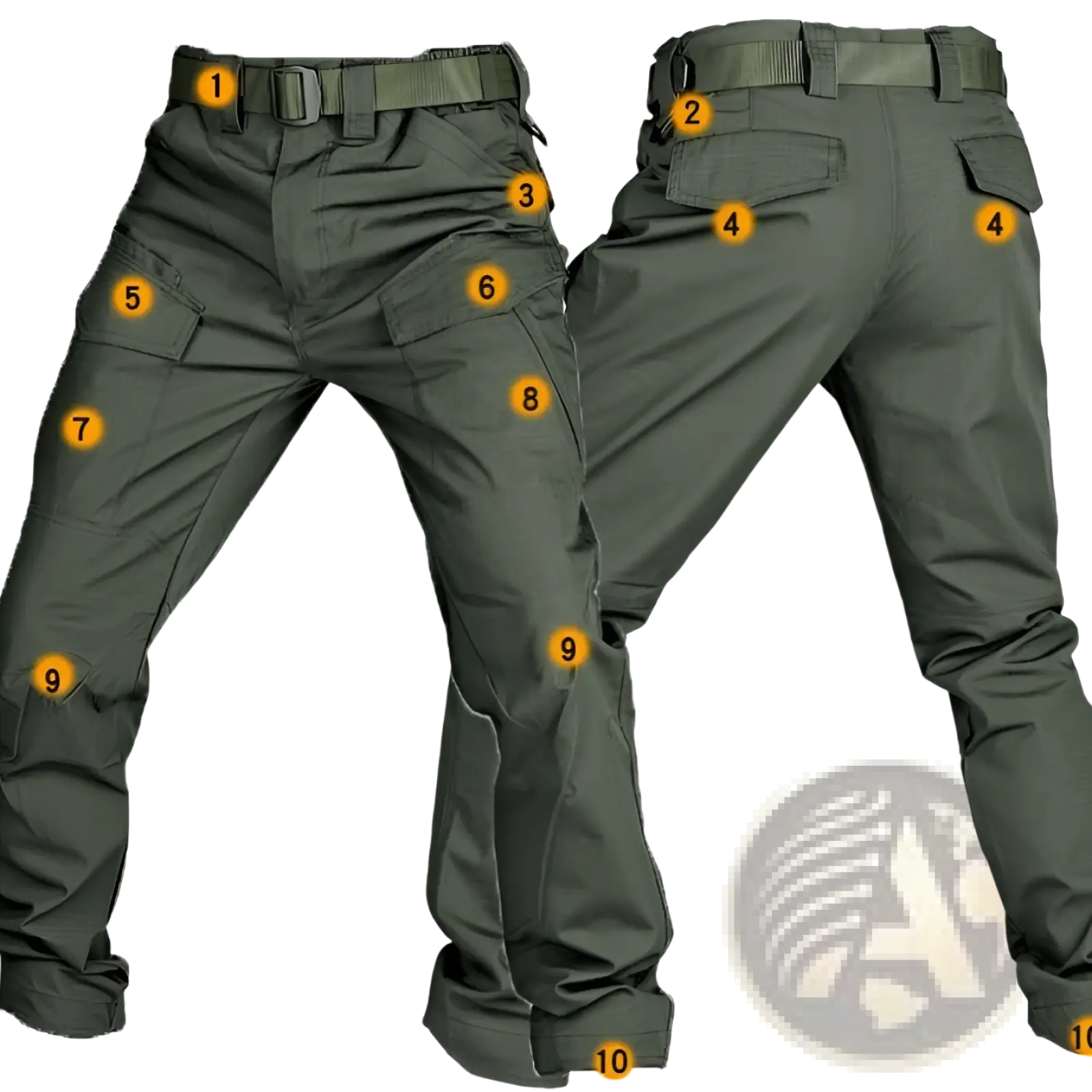 Dark olive green tactical cargo pants with multiple pockets and durable rugged waterproof design for work use