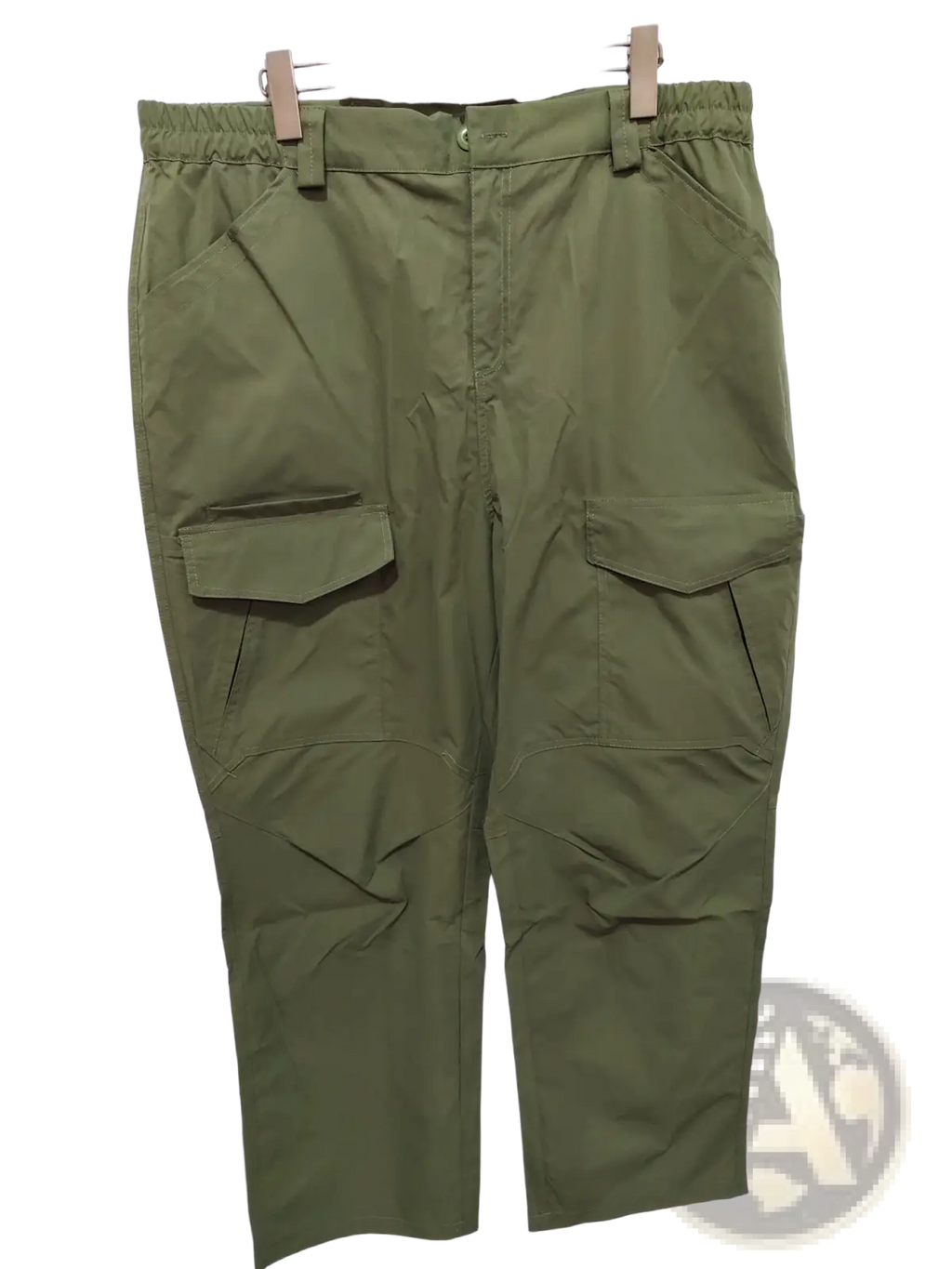 Olive green tactical cargo pants featuring waterproof material, elastic waistband, and multiple utility pockets for workwear