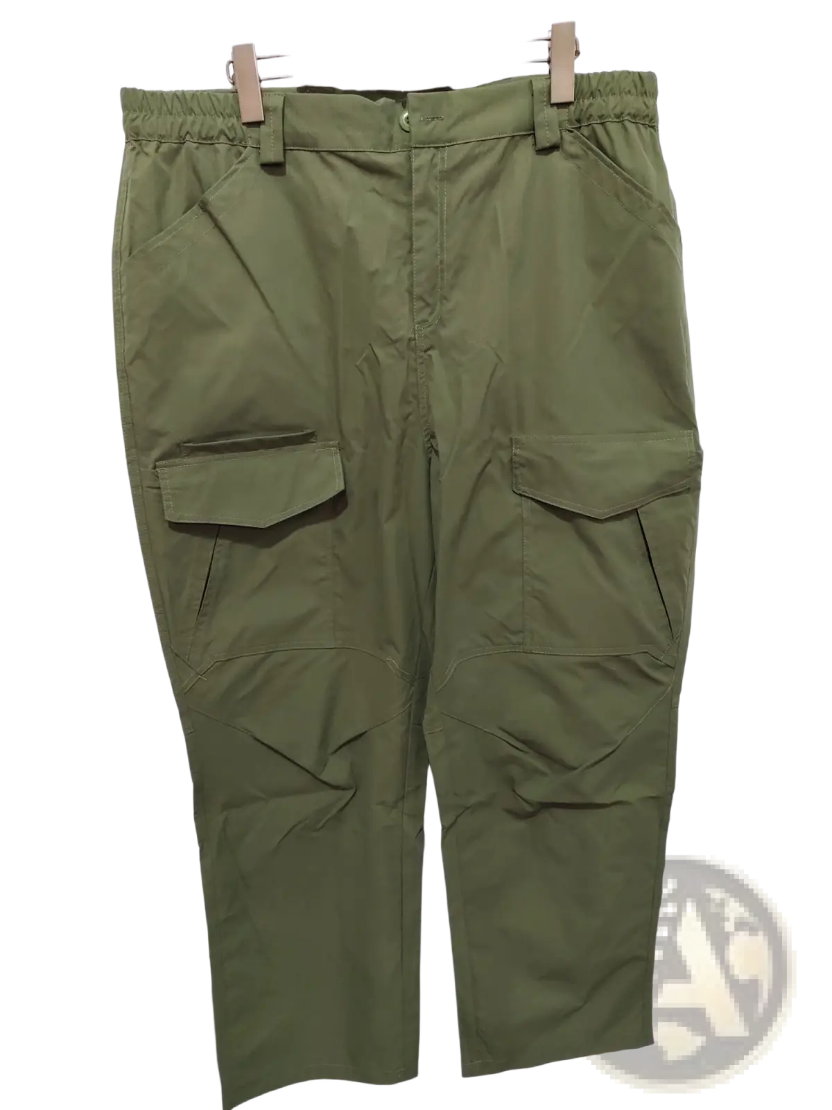 Olive green tactical cargo pants featuring waterproof material, elastic waistband, and multiple utility pockets for workwear