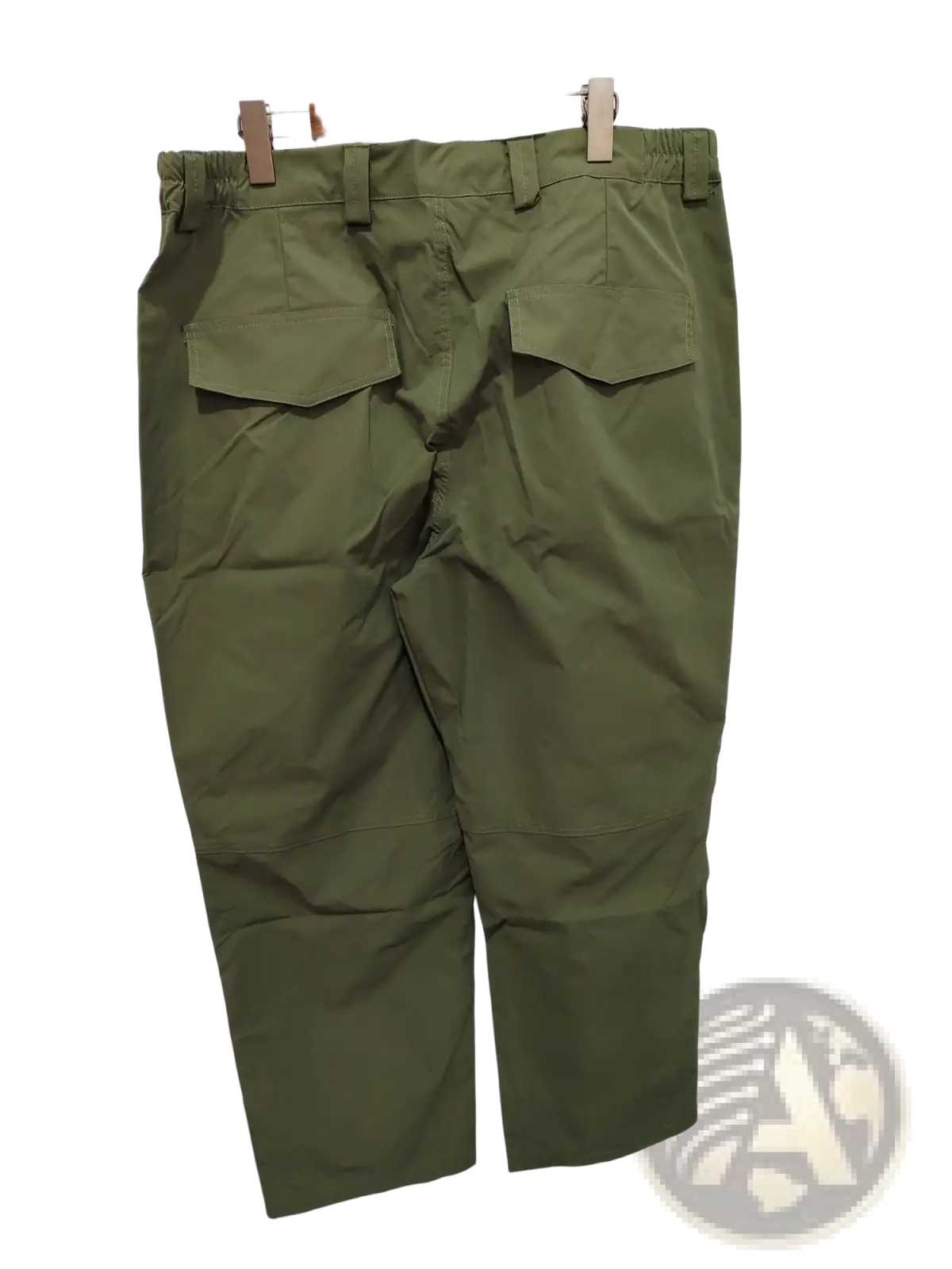 Olive green tactical cargo pants with reinforced knees and two rear pockets shown from the back side
