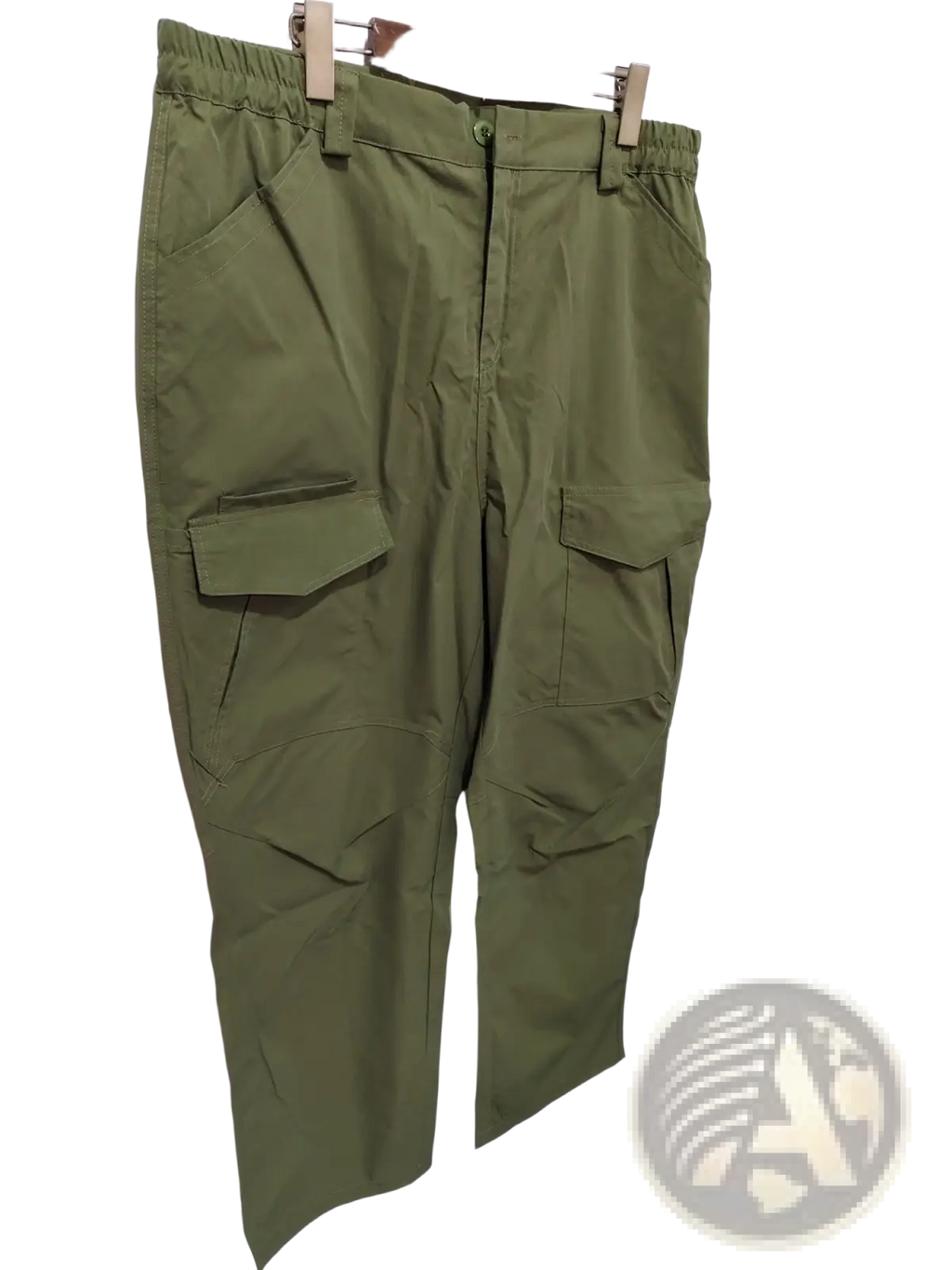 Olive green tactical cargo pants with multiple pockets and elastic waistband designed as waterproof work trousers