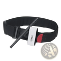 Black tactical combat tourniquet emergency medical belt with red accent and white time label for first aid use