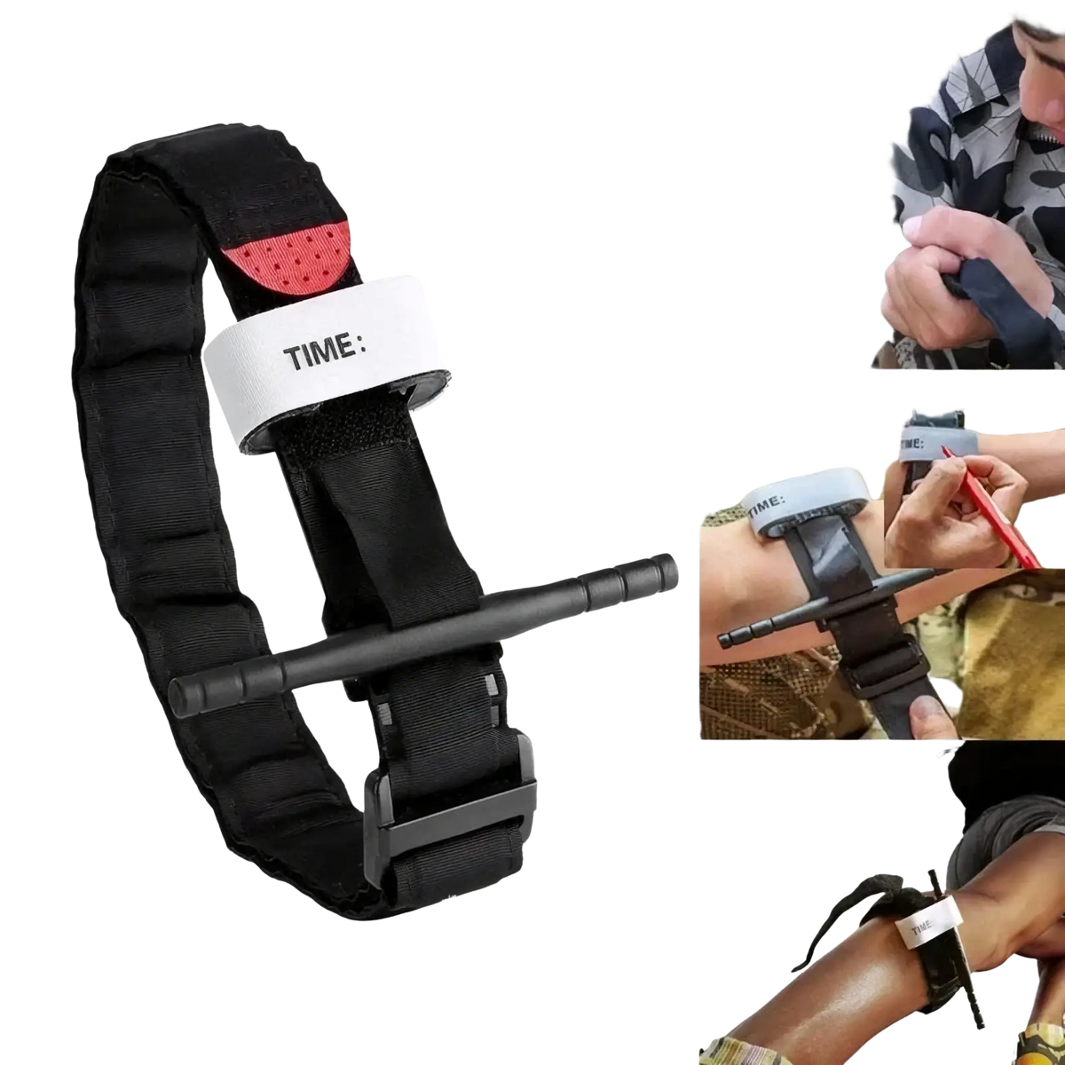 Black tactical combat tourniquet with red textured release button and white time label on strap for emergency medical use