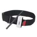 Black tactical combat tourniquet emergency medical belt with red accent and white time label for first aid use