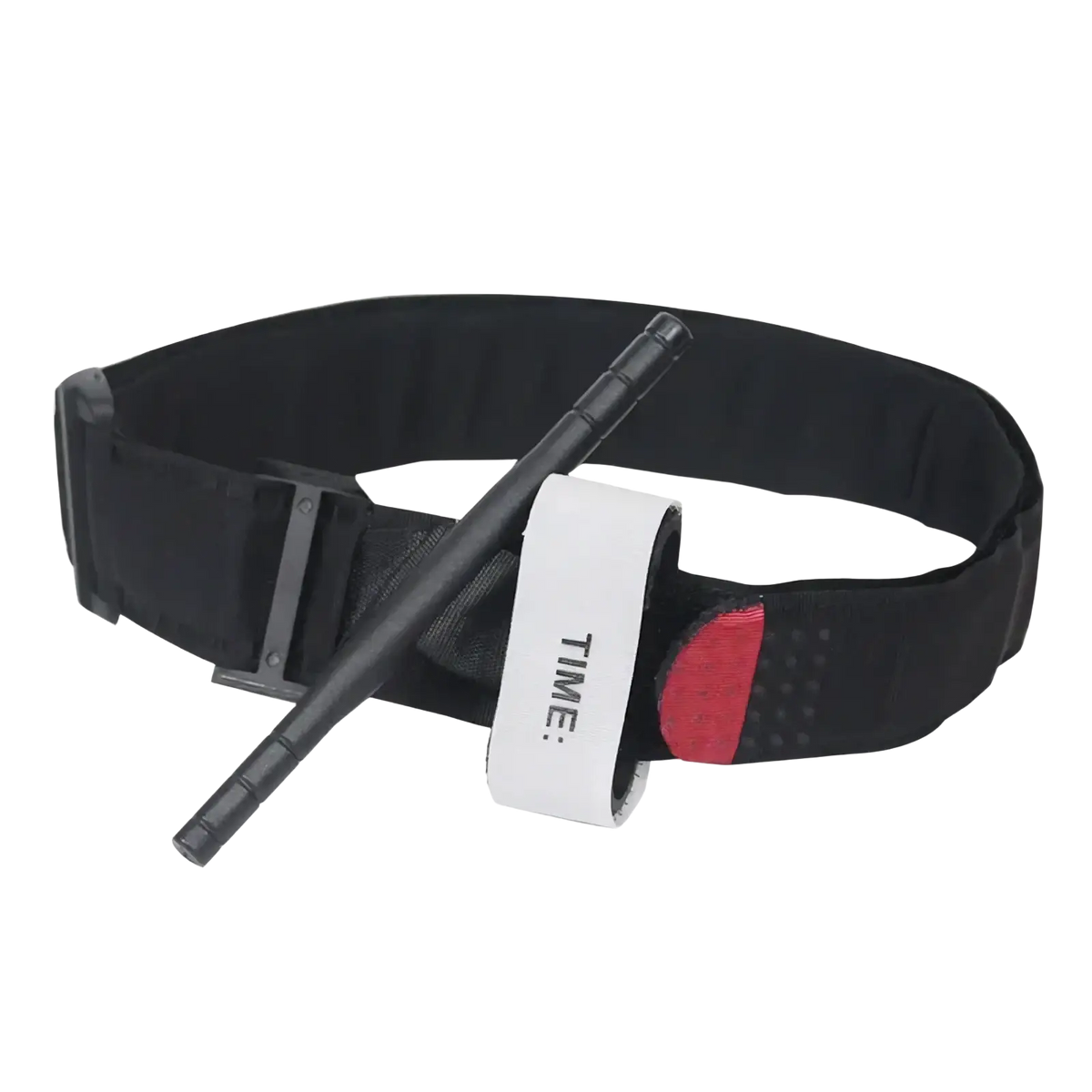 Black elastic tactical combat tourniquet with red accent and white time label for emergency medical use