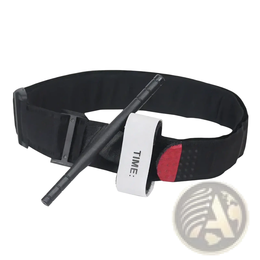 Black elastic tactical combat tourniquet with red accent and white time label for emergency medical use
