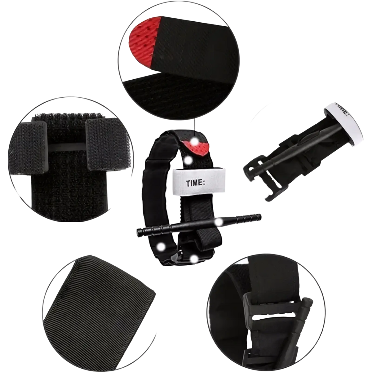 Tactical combat tourniquet emergency medical belt in black fabric with red textured pad and white time label