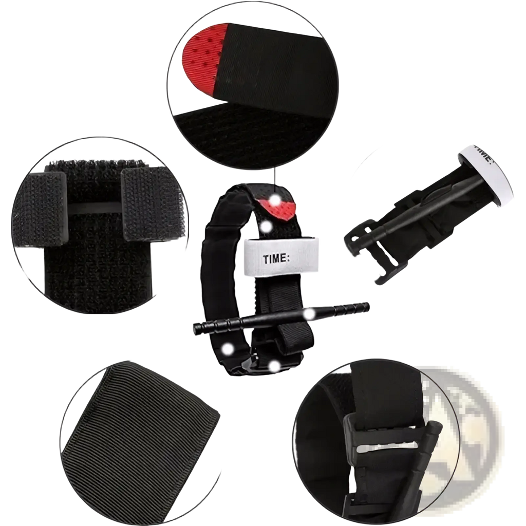 Tactical combat tourniquet emergency medical belt in black fabric with red textured pad and white time label